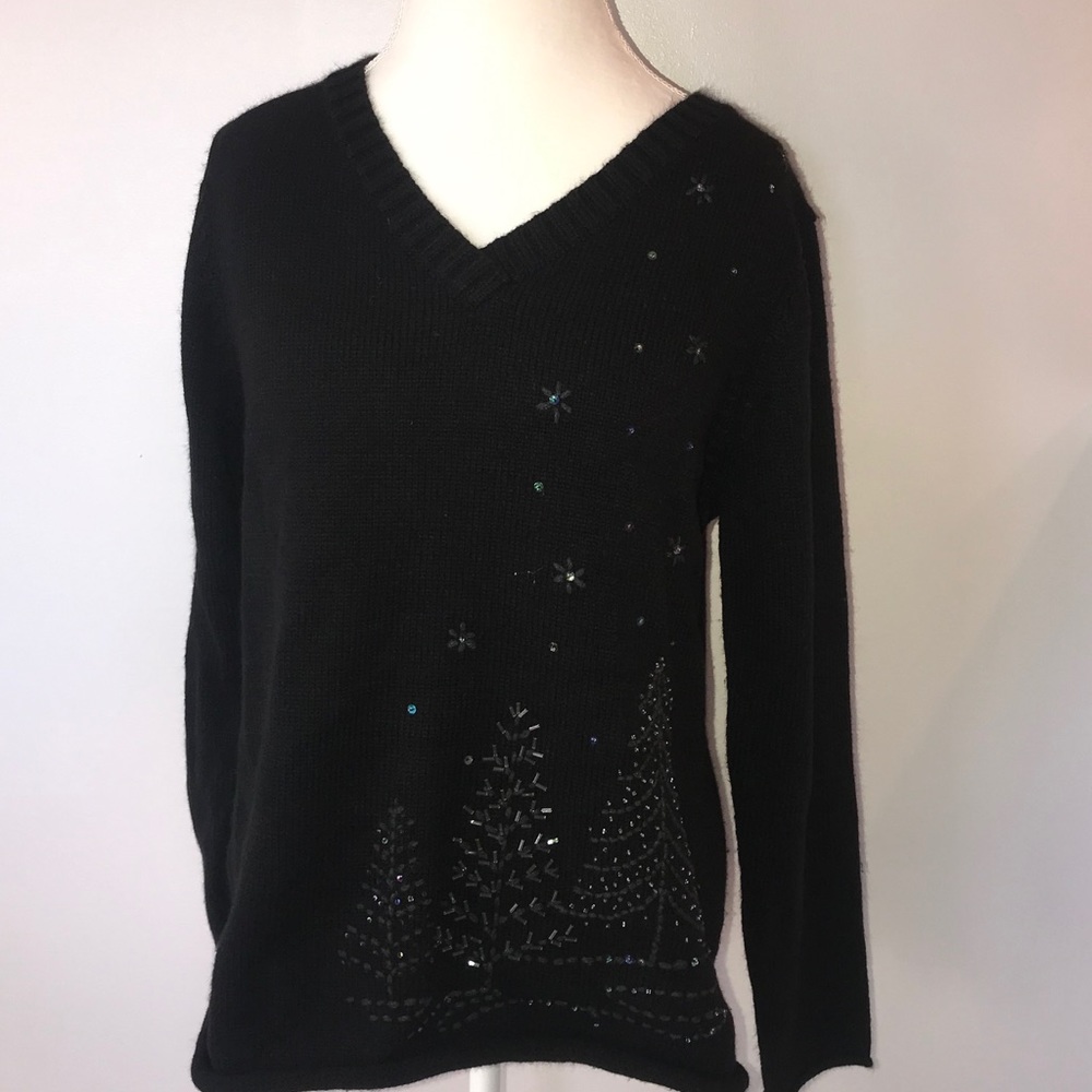 White stag holiday beaded Christmas sweater large